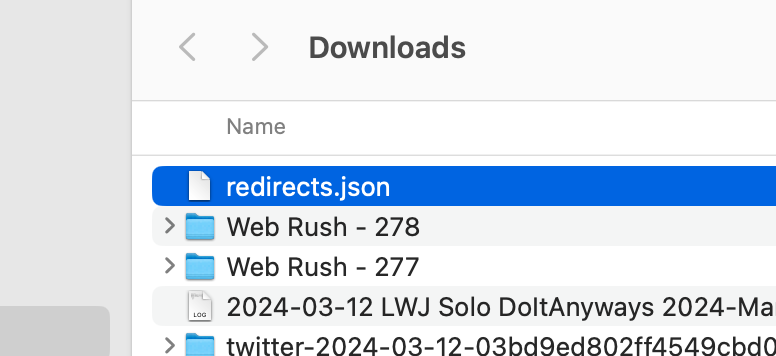 Finder view of redirects.json file naming as downloaded.