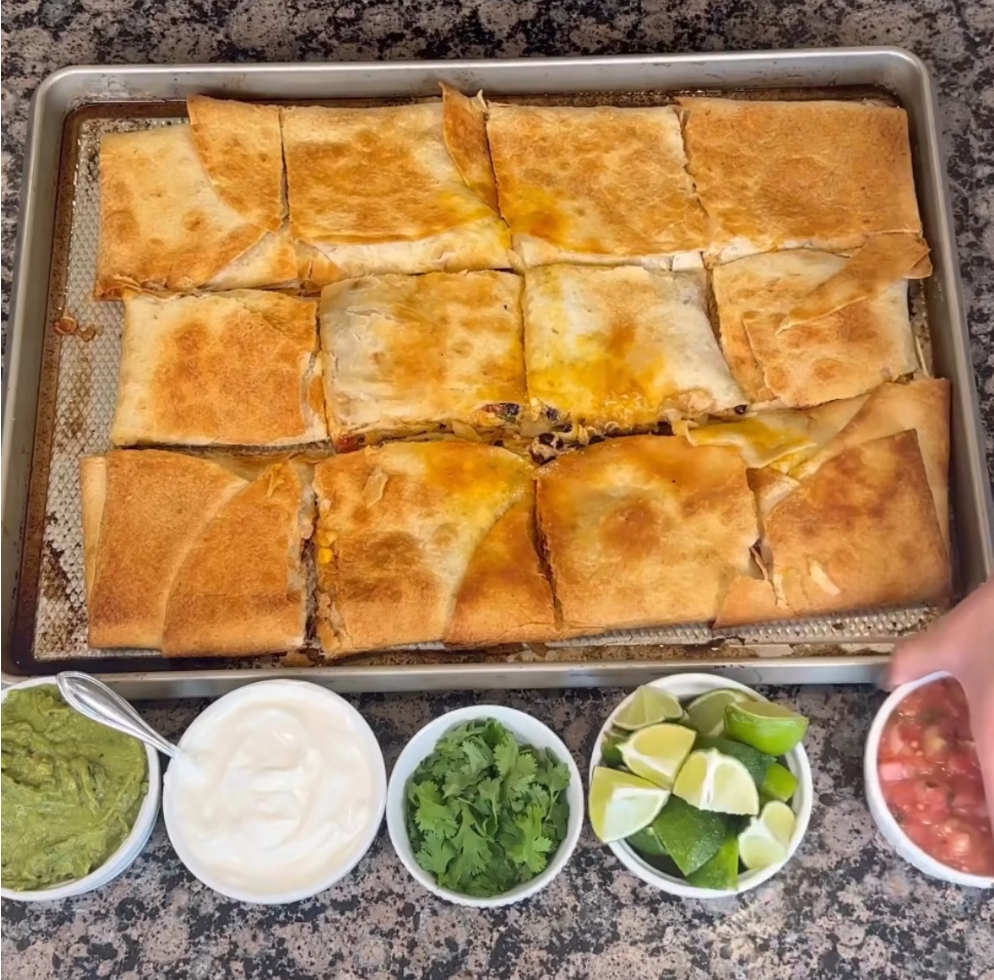 View from above of finished sheet pan Quesadillas 