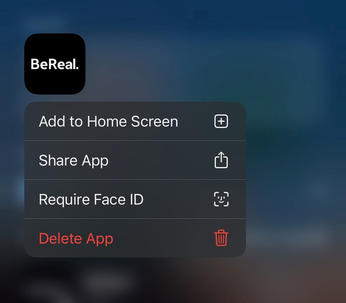 Screenshot of iOS showing the press and hold on an app options including Delete App