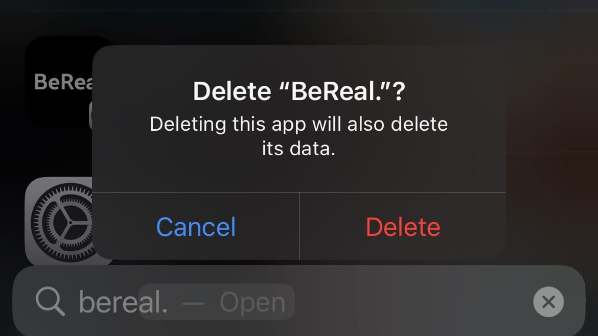 Screenshot of iOS showing the confirmation dialogue for Deleting BeReal app.