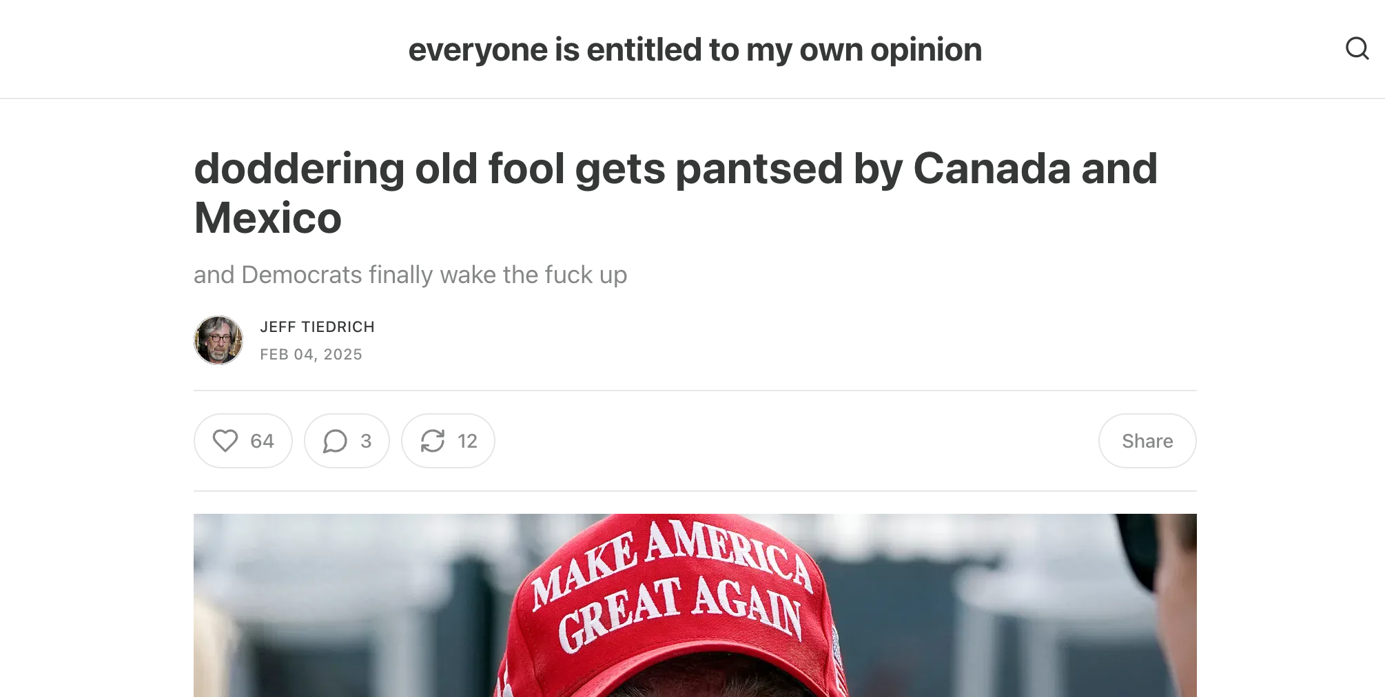 Screenshot of everyone is entitled to my opinion's website with "doddering old fool gets pantsed by Canada and Mexico" headline