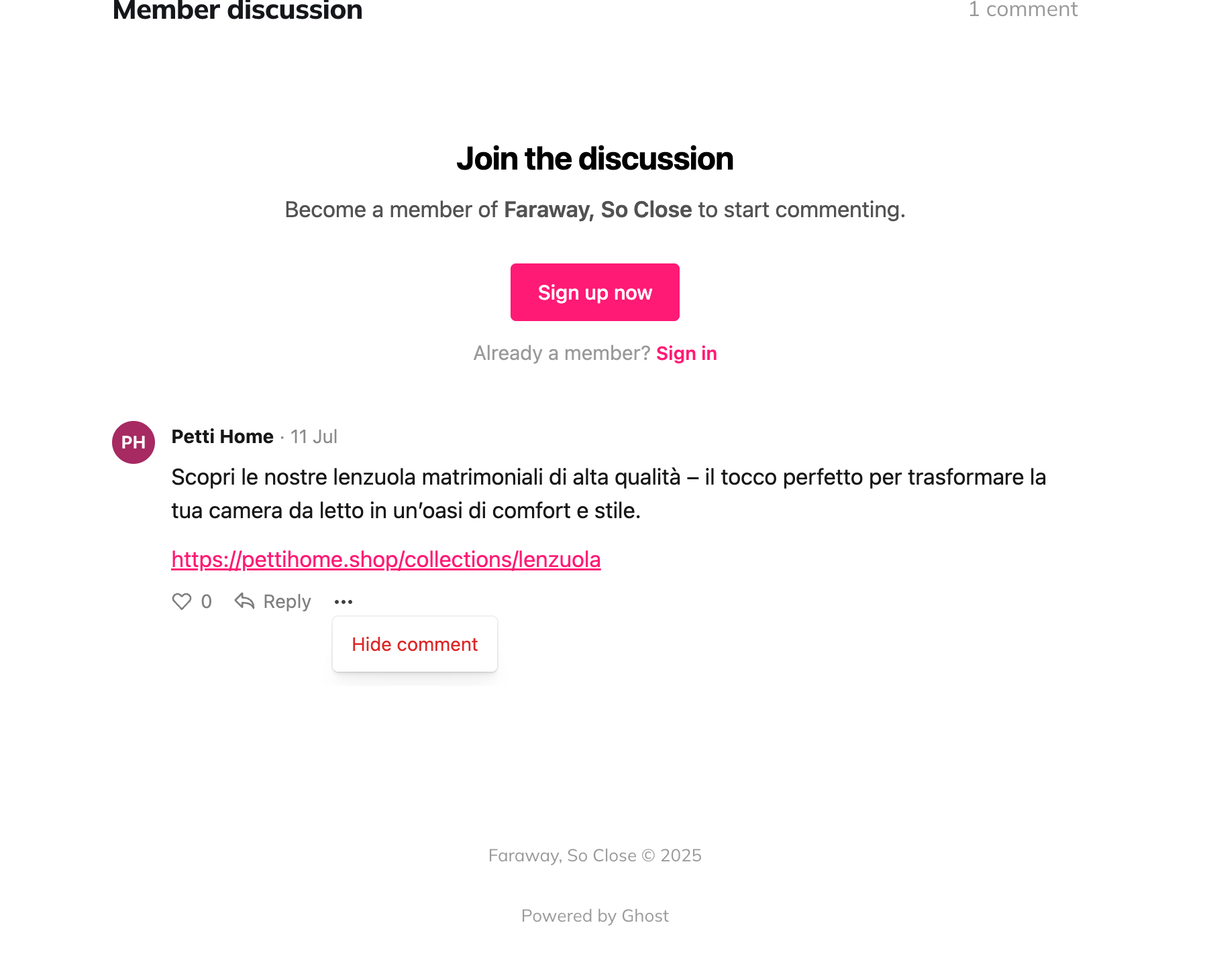 Screenshot of comment on my blog with a "hide comment" tool tip pop up
