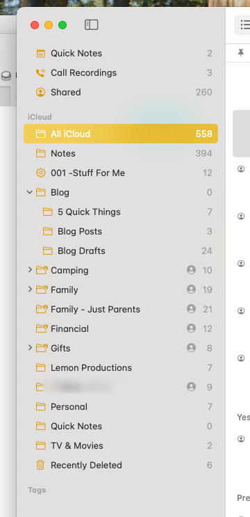 Screenshot of my Notes on macOS sidebar with Blog Posts, Blog Drafts, etc. as folders. There's 558 notes apparently