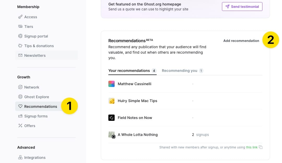 Screenshot of Ghost admin panel showing Recommendations and Add a Recommendation buttons