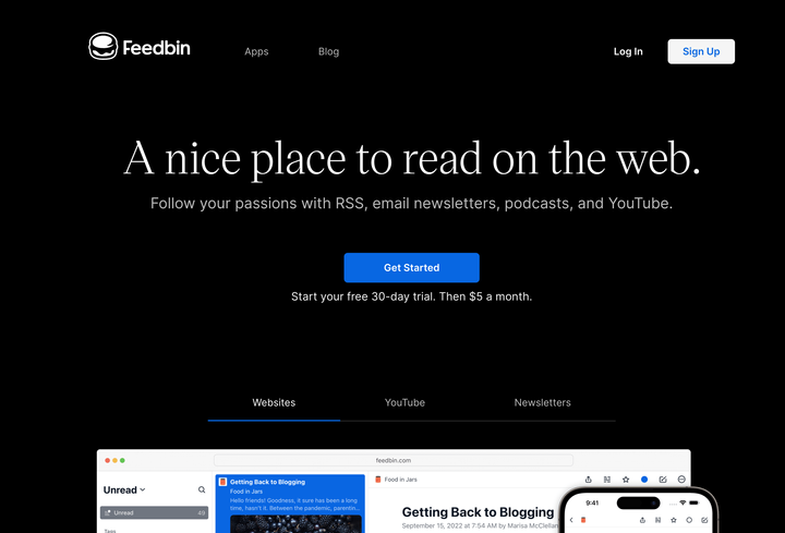 Feedbin homepage screenshot