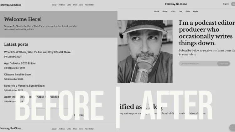 Screenshot of my blog before on the left using Eleventy and on the right using Ghost