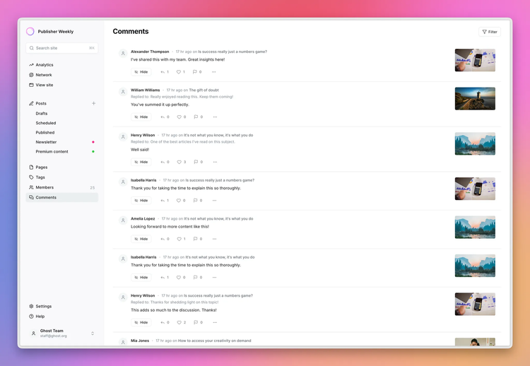 screenshot of Ghost's comment moderation tools