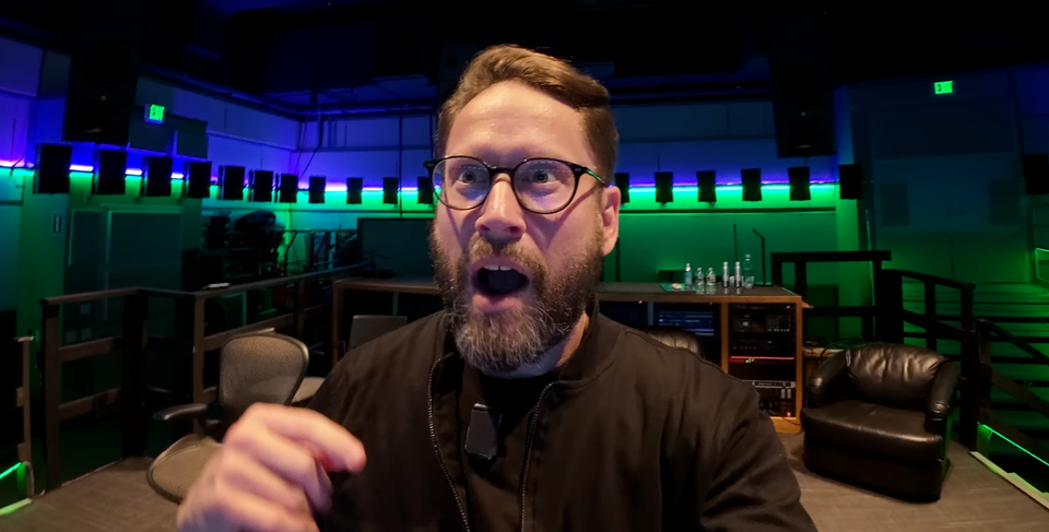 Dallas Taylor looking shocked at what he's hearing inside Disney's Sound Lab