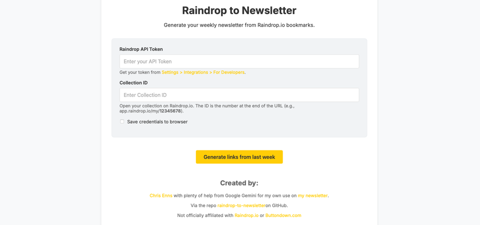 Raindrop.io Links to Buttondown Newsletter