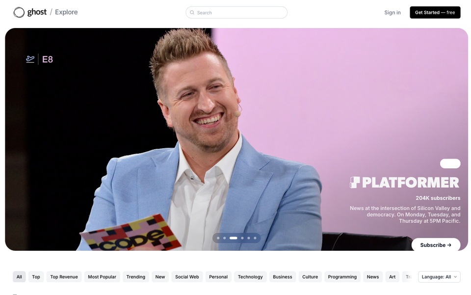 Screenshot of Ghost Explore featuring an image of Platformer's blog