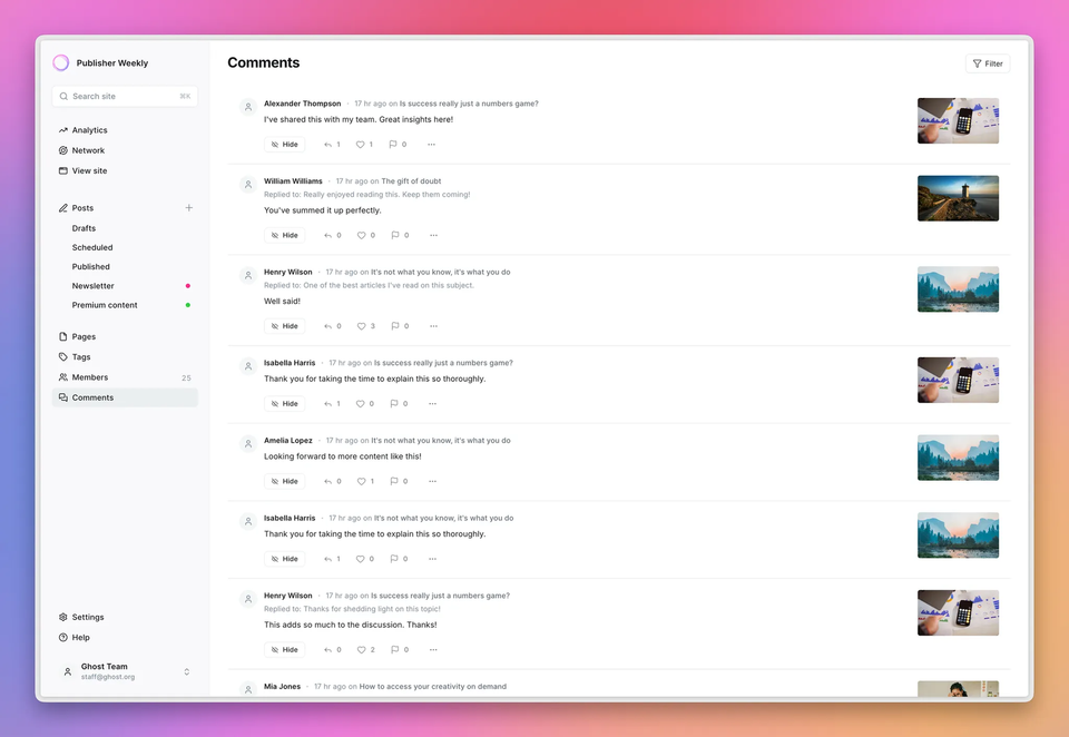 screenshot of Ghost's comment moderation tools